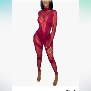 NWT Sexy Hi Neck Sheer Mesh Splicing Bodycon Jumpsuit Romper Clubwear Wine Red S